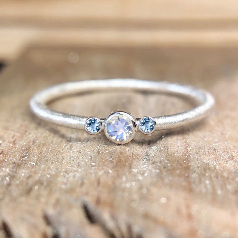 Trilogy Moonstone and Aquamarine Textured Silver Stacking Ring