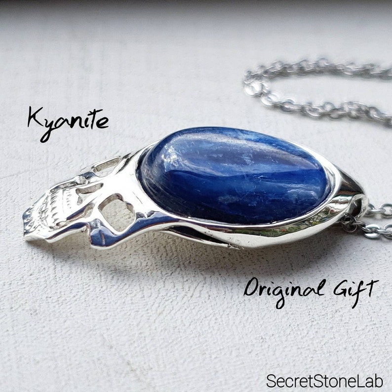 Kyanite Necklace Mens Necklace Skull Pendant Kyanite Blue Etsy