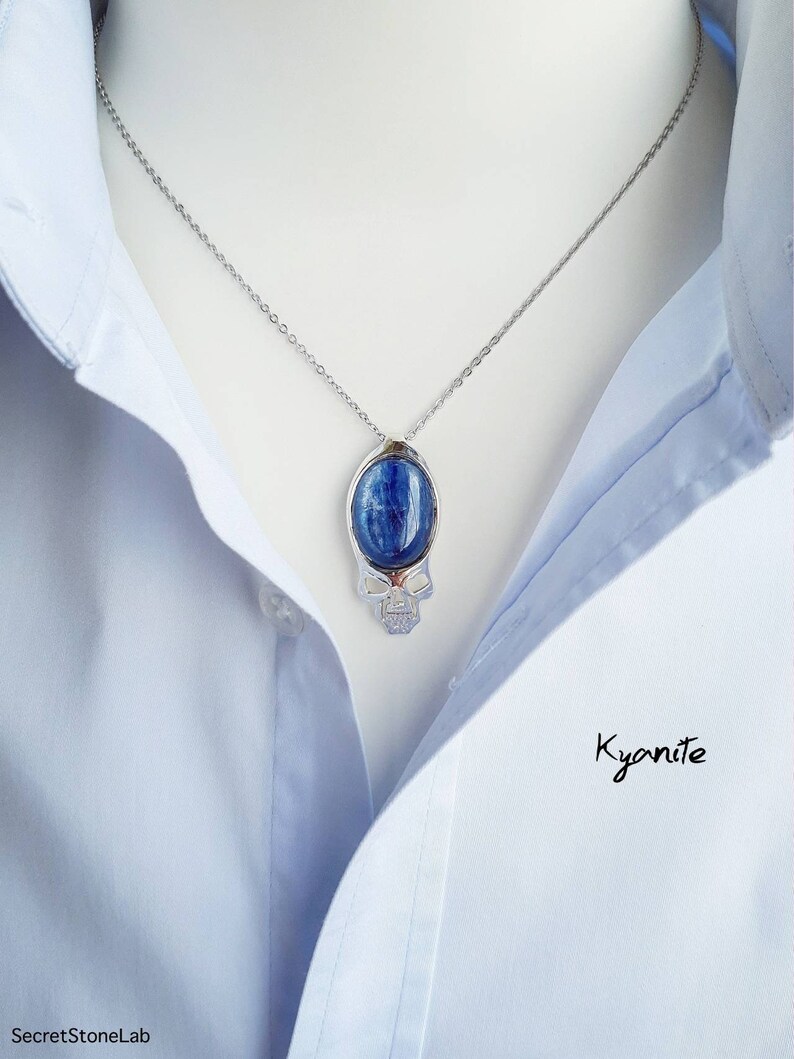 Kyanite Necklace Mens Necklace Skull Pendant Kyanite Blue Etsy