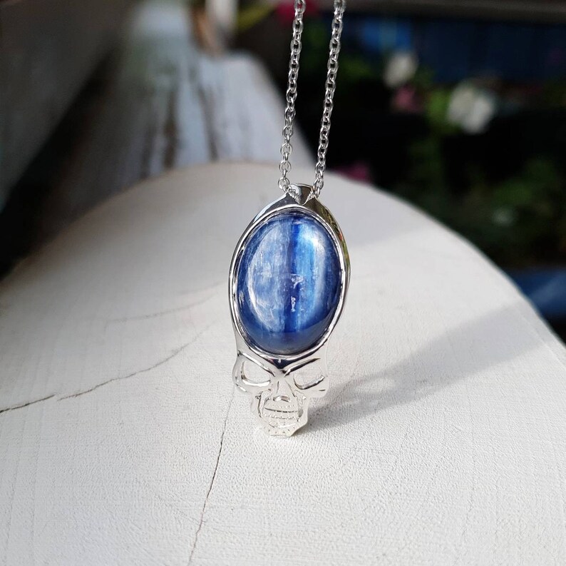 Kyanite Necklace Mens Necklace Skull Pendant Kyanite Blue Etsy