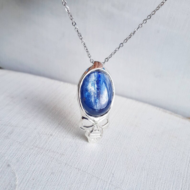 Kyanite Necklace Mens Necklace Skull Pendant Kyanite Blue Etsy