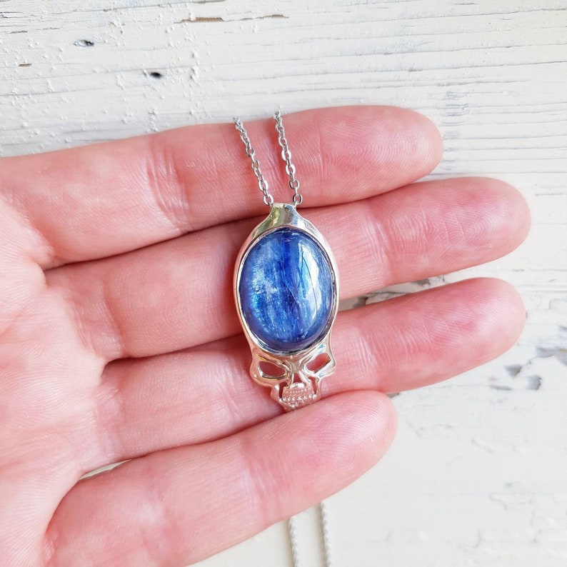 Kyanite Necklace Mens Necklace Skull Pendant Kyanite Blue Etsy