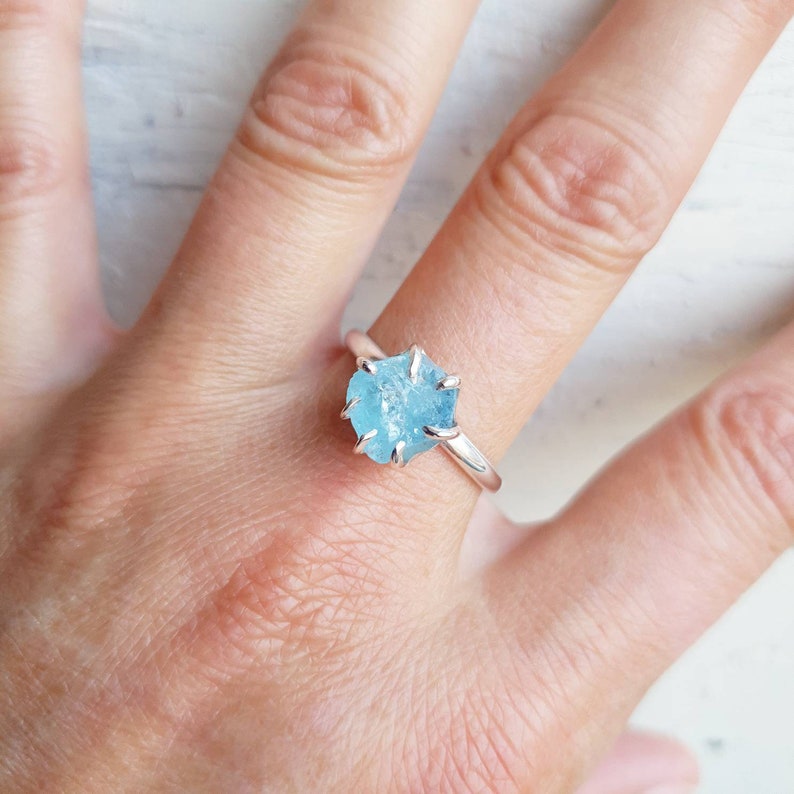 Aquamarine Ring Raw Aquamarine Crystal Stone Adjustable Ring Engagement Ring March Birthstone