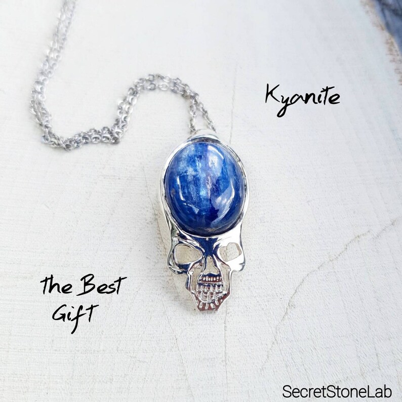 Kyanite Necklace Mens Necklace Skull Pendant Kyanite Blue Etsy