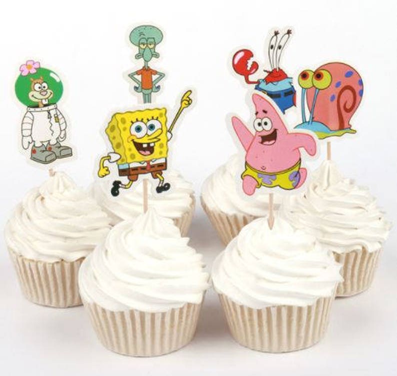 Ready To Ship Spongebob Themed Cupcake Toppers Picks Party Etsy