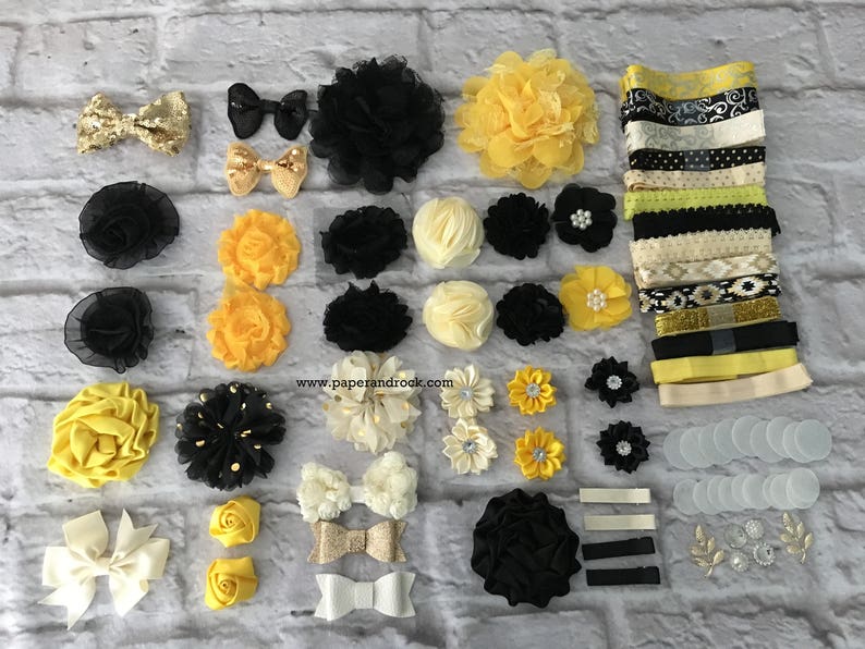 Headbands Baby Shower Headband Station Baby Girl Headbands Baby Shower Activity Kit White Yellow Black DIY Baby Headband Kit MAKES 25