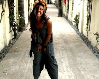 Unique Bohemian Chic White Black Cotton Linen Yoga Jumpsuit Onesie Beach Wear Summer Yoga Outfit Wedding Oversized Holiday Gypsy Boho