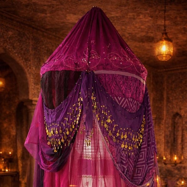 Boho Bed Canopy: Velvet Moon Meditation Tent, Vintage Sari Textiles, Tarot Decor