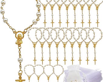 24 Pcs Baptism Mini Rosaries simulated pearl Beads with Gold Plated Accents -  Finger Rosaries - First Holy Communion - Wedding - JA051G