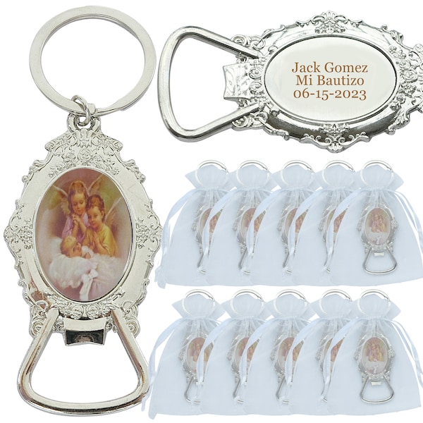 Personalized Keychain Favor (12 PCS) Engraved Bottle Opener Baptism Metal Key Ring Primera Comunion Customized Christening Gift Bautizo