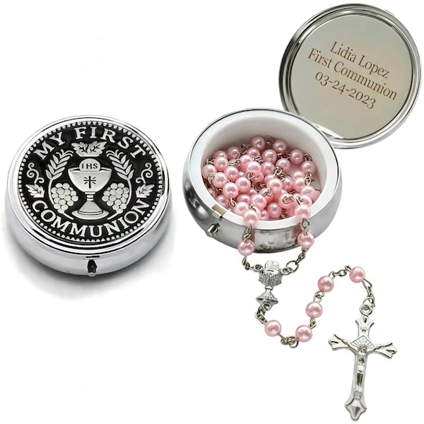 First Communion Pink Rosary with Engraved Metal box, Personalized Trinket Box Girl's Gift