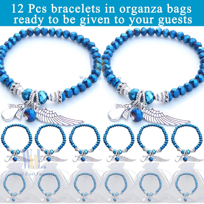 Pulsera con dije de alas de ángel y cuentas de cristal, recuerdo de bautizo, rosa, azul y transparente, con bolsitas de organza. imagen 10