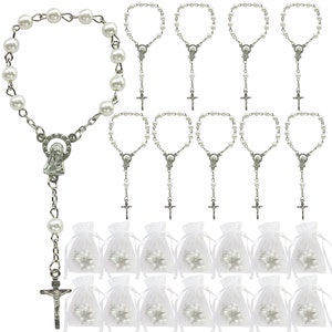 24 Pcs Baptism Favors Mini Rosaries simulated pearl Beads - Recuerditos De Bautismo - First Holy Communion - Wedding -JA051Sil