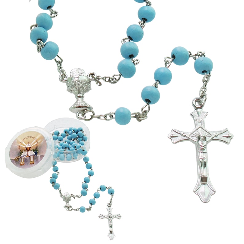 12 PCS First Communion Favor Blue Scented Rose Petal Rosary Necklace Gift for guest Rosario de Recuerdo para Primera Comunion