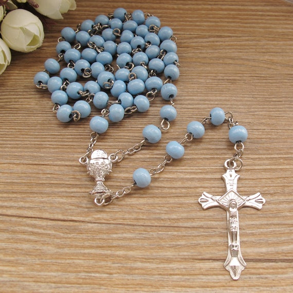 6mm, Blue WE First Holy Communion Scented Rosary Favor 12 Rosaries with Individual Gift Box and Organza Bag.