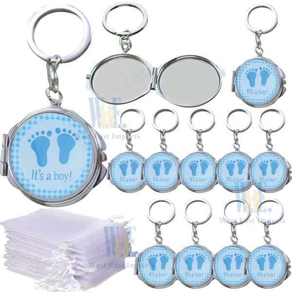 12 PCS Baby Shower Blue Boy Mirror Keychain Favors with Baby Footprint Design come with Organza Gift Bags