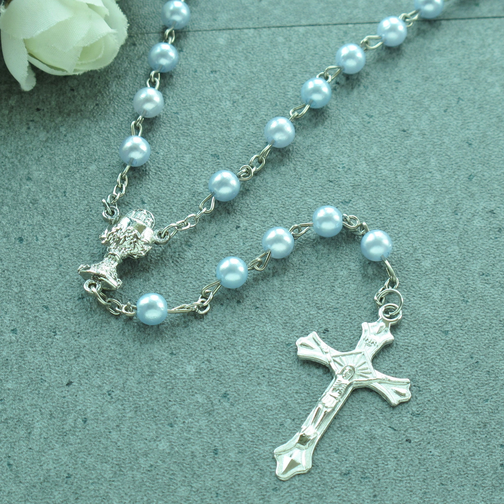 24 Pieces Baptism Mini Rosary Favors Pearl Beads First Communion Recuerdos  De Bautizo Christening Gift With Bags 