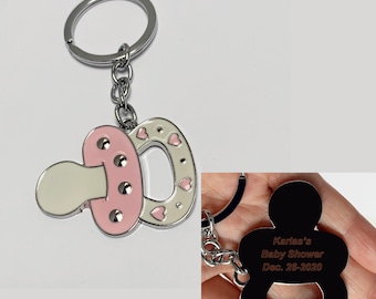 Personalized Baby Shower Keychain Favors (12 PCS) Engraved Pink Pacifier Design Metal Key Ring Gift for Guests