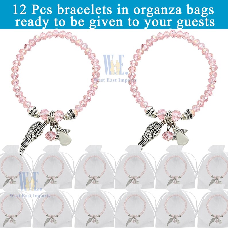 Pulsera con dije de alas de ángel y cuentas de cristal, recuerdo de bautizo, rosa, azul y transparente, con bolsitas de organza. imagen 6