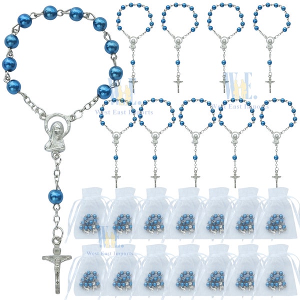 Baptism Favors Mini Rosaries (24PCS) Blue Beads Silver Plated Accents Recuerditos De Bautismo  Finger Rosaries  First Communion JA051N/blue