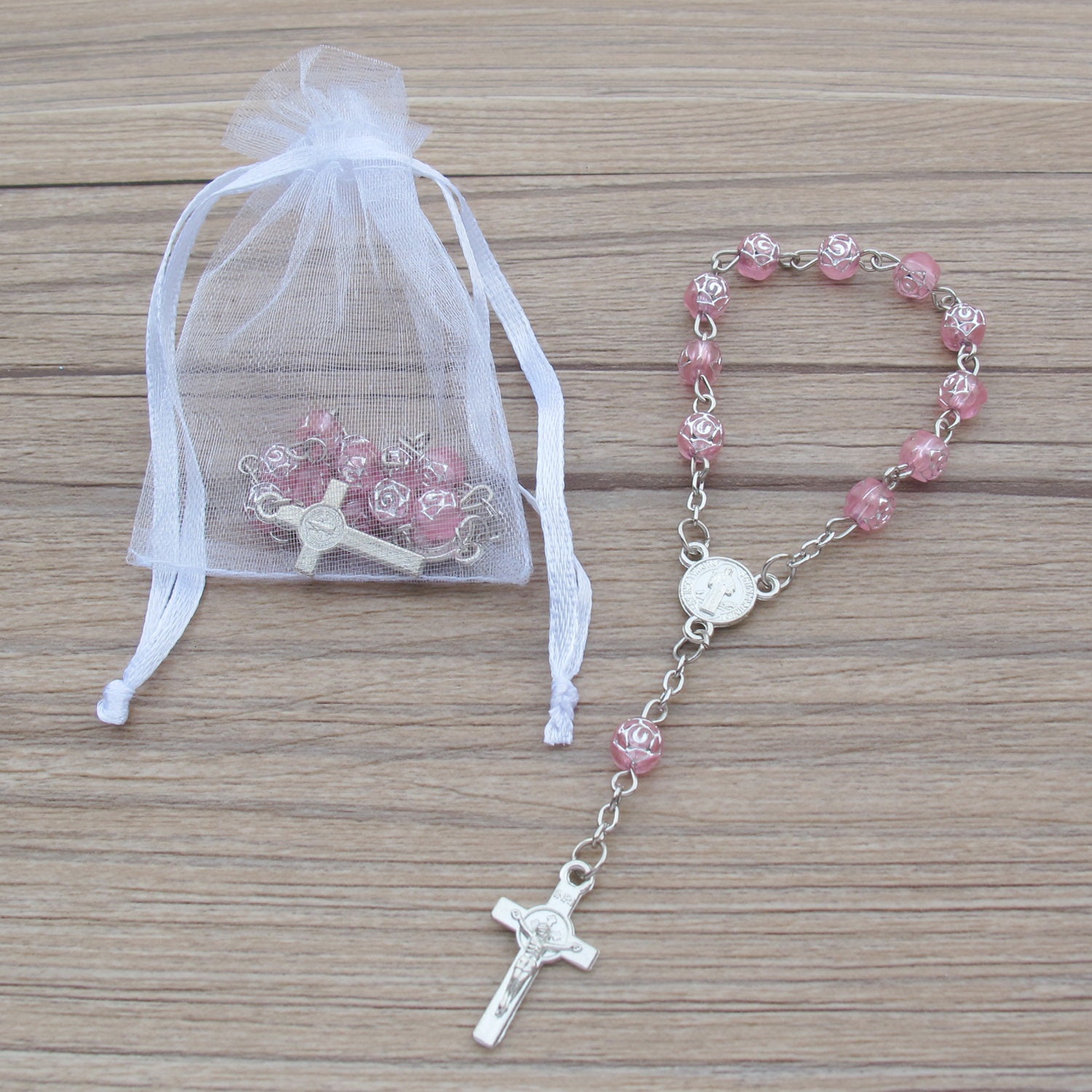 Baptism Favors (24 PCS) Mini Pink Glass Mini Rosary Christening