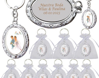 12 PCS Personalized Spinning Wedding Keychain Favor - Engraved Heart Metal Key Ring/Anniversary Customized Gift for Guests with Gift Bag