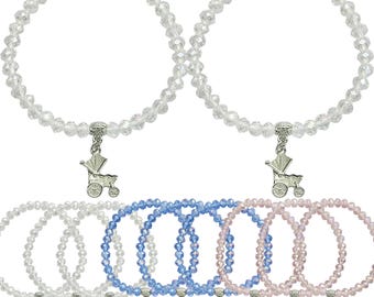 12 PCS Crystal Baby Shower Bracelets Party Favors, Clear Pink Blue Beaded Pacifier Charm
