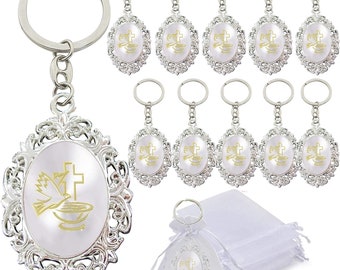 12pcs Baptism favors Recuerdos Para Bautizo First communion keychain Cross with dove design