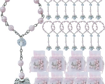24 Pcs Pink Angel Mini Rosary baptism Favors for Girl Recuerdos de Bautizo/ Christening/ Communion finger rosary / Silver Plated JA380S-Pnk