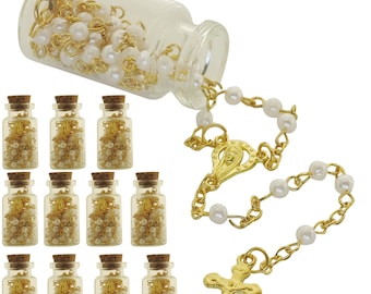 12 PCS First Holy Communion Favor Rosary in Glass jar Pearl Beads Baprtism, Memorial Recuerdos para Primera Comunion