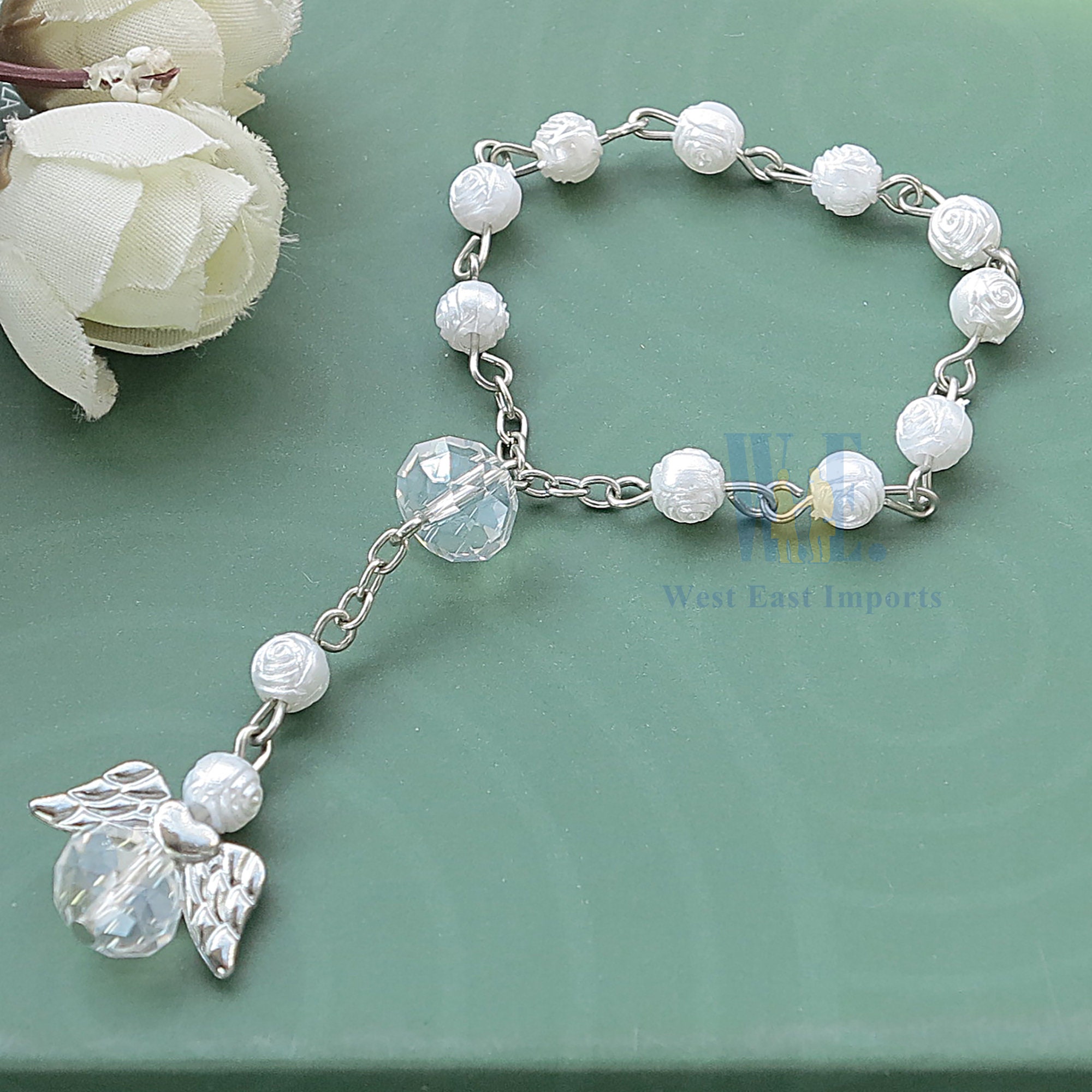 24 Pcs Blue Mini Rosary baptism Favors with Angels for Boy