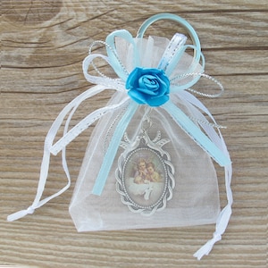 12 Pcs Baby Angel Baptism keychain with Organza Favor Bags Boy - Recuerdos de mi Bautizo / Christening - JA113BA-Boy