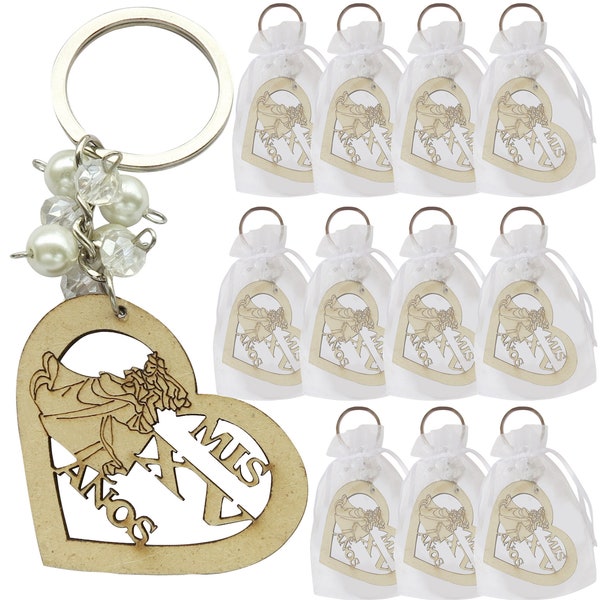 12Pcs Sweet 15 Wood Design Keychain Quinceañera Recuerdos Favors for Girl With Organza gift Bags Mis XV Años