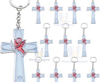 12 Pcs Baptism Favors Cross Keychain with Dove Christening Confirmation First Communion Holy Spirit