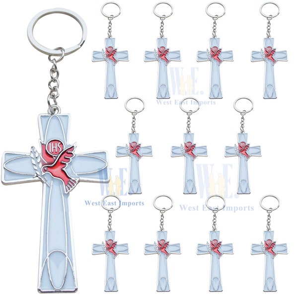 12 Pcs Baptism Favors Cross Keychain with Dove Christening Confirmation First Communion Holy Spirit