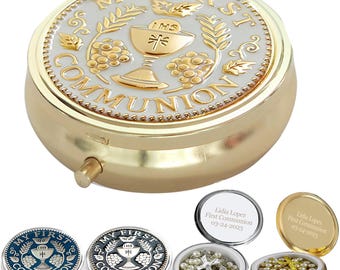 Personalized First Communion Rosary Box, Gold Silver-Plated Metal Case with Custom Engraving, Religious Keepsake