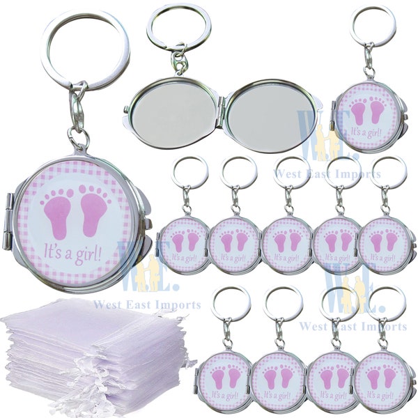 12 PCS Baby Shower Pink girl Mirror Keychain Favors with Baby Footprint Design come with Organza Gift Bags