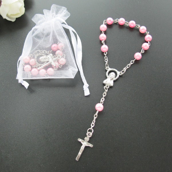 24 Pcs Baptism Mini Rosaries Favor for girl - Simulated Pink Pearl Beads - Finger Rosaries - First Holy Communion Christening Wedding