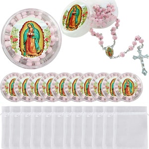 May include: A set of 10 pink wooden rosaries with a picture of the Virgin of Guadalupe on the center medal. The rosaries come in clear plastic containers and white organza bags.