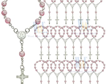 24 Pcs Rosebud Mini Rosary Favor for Baptism Pink / Christening / First Communion / Sweet 15 / Wedding / Recuerdos de Bautizo JA164-Pnk