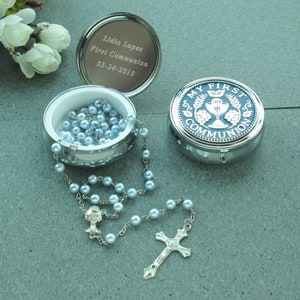 First Communion Blue pearl Rosary with Metal gift Case for Boy Personalized Gift