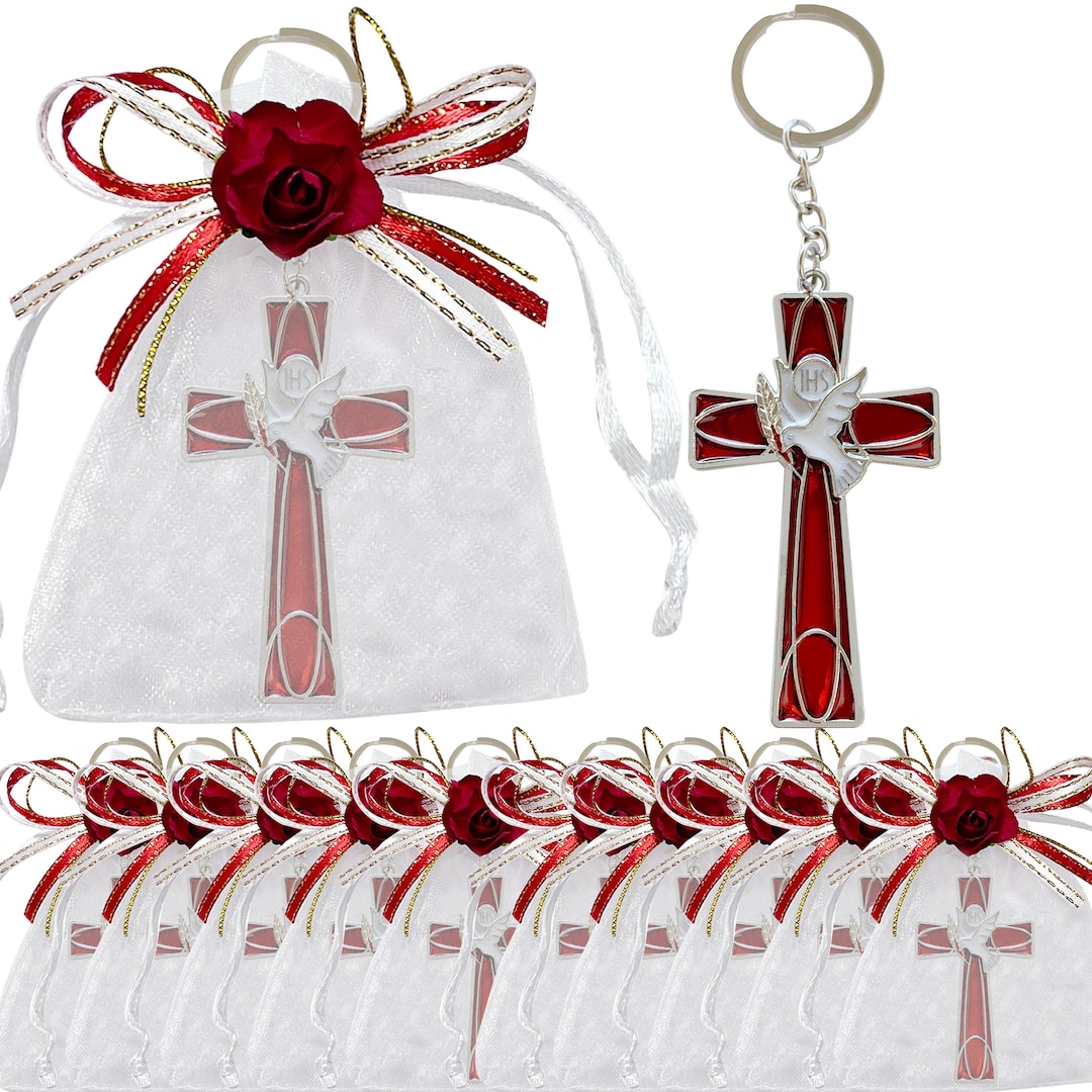 12 Pcs Cross and Dove Key Ring in Decorated Organza Bag Confirmation Favor / Holy Spirit