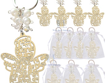 Baptism Angel Key Ring Made from Wood (12 PCS)  Communion Favors for Boy or Girl Recuerdos de Bautizo With Organza Bags JK179