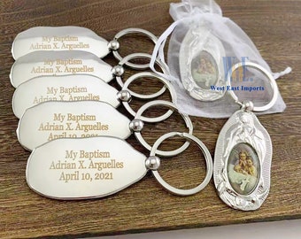 Personalized Baptism Favor (12 PCS) Engraved Baby Angel Keychain Metal key ring Our Lady of Guadalupe Recuerdos para 1er Comunion