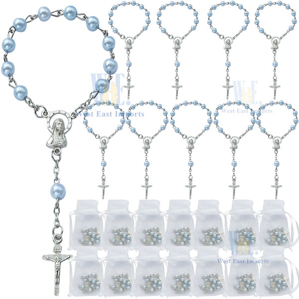 24 Pcs Baptism Favors Mini Rosaries for boy - simulated blue pearl Beads - Finger Rosaries - First Holy Communion - Wedding - JA051-Blue