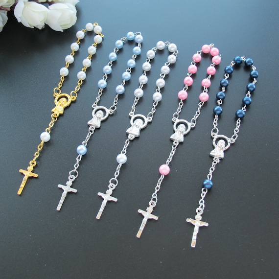 24 Pieces Baptism Mini Rosary Favors Pearl Beads First Communion Recuerdos  De Bautizo Christening Gift With Bags 