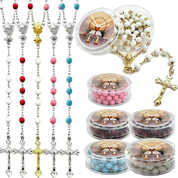 12 PCS First Communion Favor Pink Scented Rose Petal Rosary Necklace Gift for guest Rosario de Recuerdo para Primera Comunion