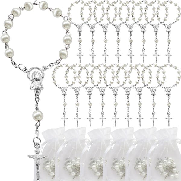 24 Pcs Baptism Favors Mini Rosaries simulated pearl Beads - Recuerditos De Bautismo - First Holy Communion - Wedding -JA051Sil