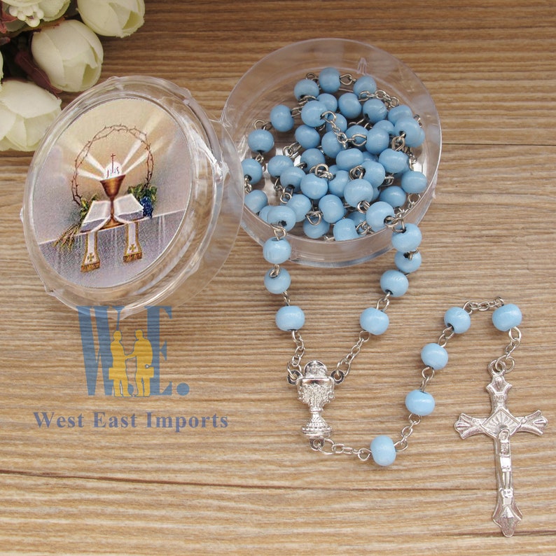 12 PCS First Communion Favor Blue Scented Rose Petal Rosary Necklace Gift for guest Rosario de Recuerdo para Primera Comunion