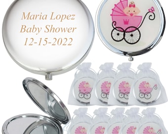 Baby Shower Favors (12 PCS) Personalized Laser Engraving Compact Mirrors Makeup Purse Girl & Boy Personalized Custom Laser Engraving